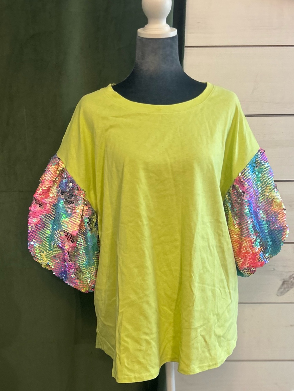 Fantastic Fawn Lime Green Top with Multicolor Sequin Balloon Sleeves